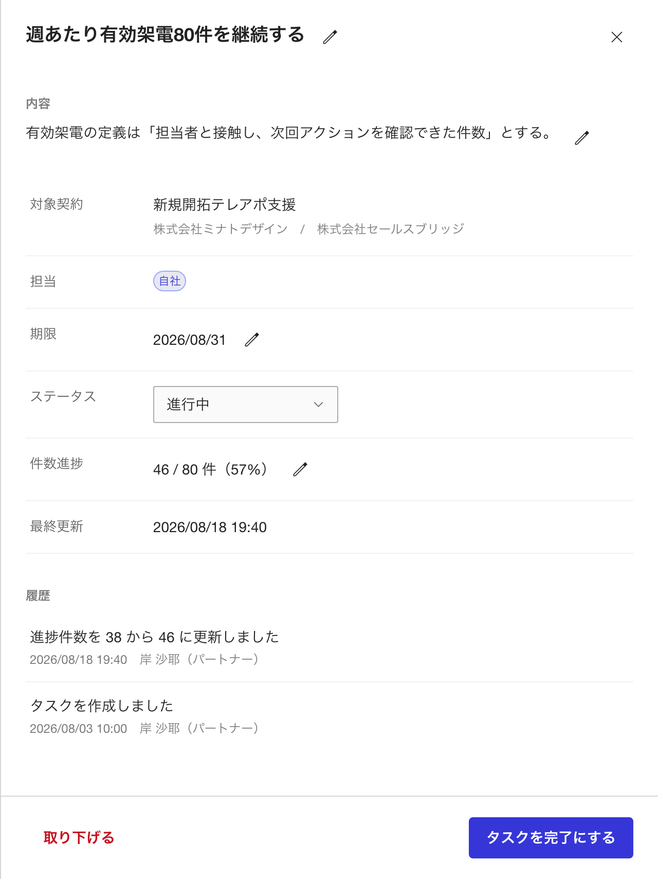 タスクの詳細。ステータス、件数進捗、履歴、取り下げる、タスクを完了にする